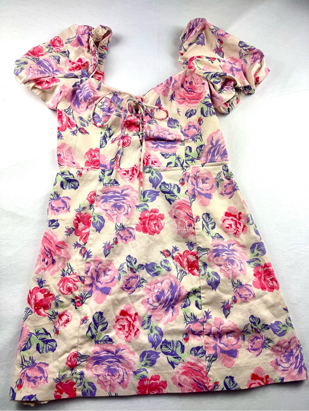 ZARA Florl Mini Dress Puff Sleeve Lace Up Bust Cottagecore Coquette Pink Roses M
